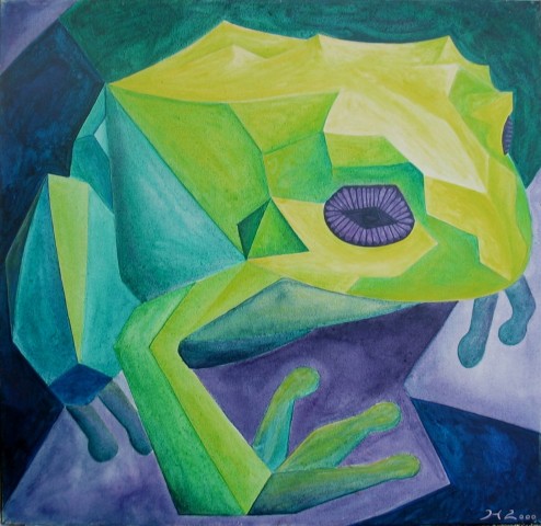 Acrylbild eine bunten Frosches vor dunklem  Hintergrund